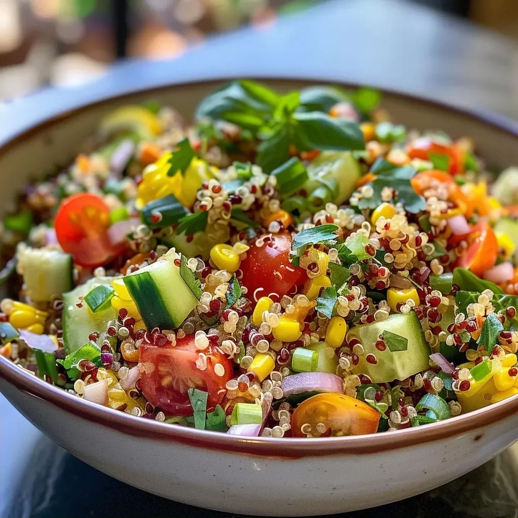 ['A vibrant quinoa salad with fresh vegetables, viewed from the side.', 'Close-up of a colorful quinoa salad featuring cucumbers, tomatoes, and olives.', 'A side view of a healthy quinoa salad, showcasing chopped vegetables and herbs.', 'Juicy quinoa salad layered with ingredients, seen from a close-up angle.']