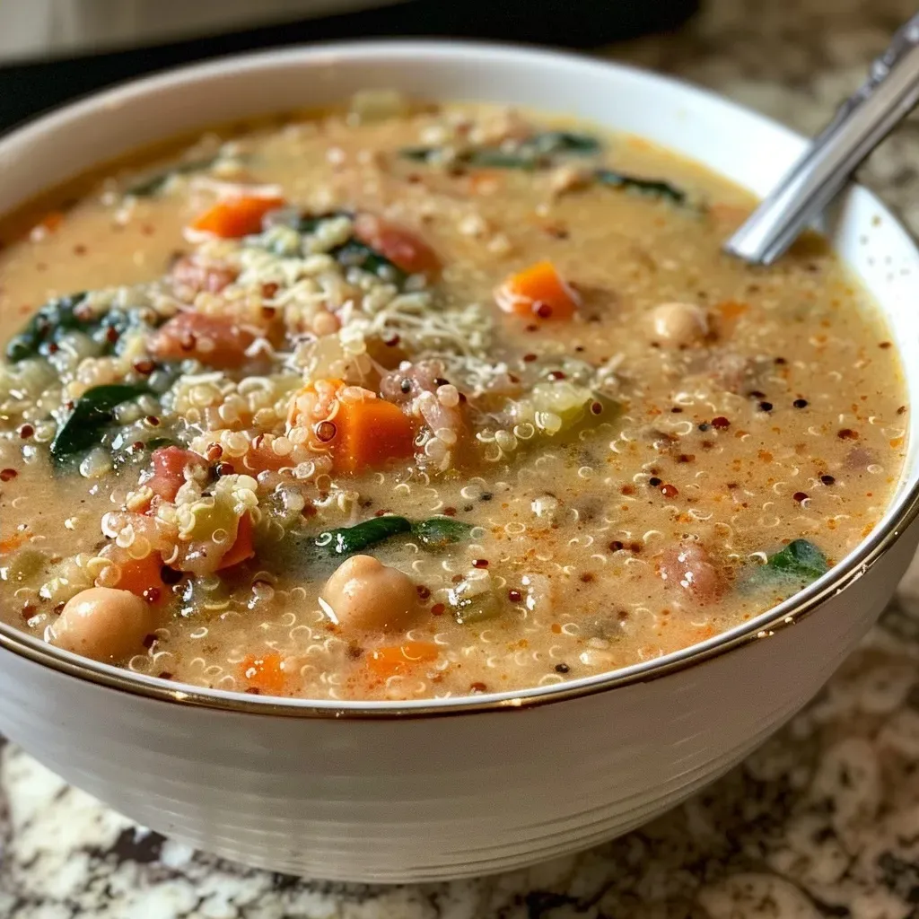 ['A close-up view of a bowl of quinoa soup filled with colorful vegetables.', 'Side view of a delicious quinoa soup featuring carrots, kale, and beans.', 'A vibrant quinoa soup with fresh herbs, served in a rustic bowl.', 'Close-up of a hearty quinoa soup showcasing diced tomatoes and leafy greens.']