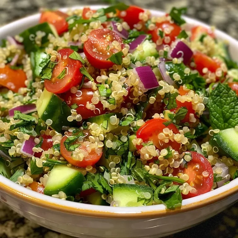 ['Close up side view of a colorful Quinoa Tabbouleh salad featuring diced tomatoes, cucumber, and herbs.', 'A vibrant serving of Quinoa Tabbouleh with parsley, mint, and lemon dressing in a white bowl.', 'Detailed view of Quinoa Tabbouleh with fresh vegetables and herbs, showcasing a healthy meal.', 'A refreshing Quinoa Tabbouleh salad, highlighting the green parsley and diced tomatoes.']