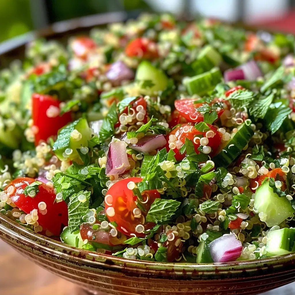 ['Close up side view of a colorful Quinoa Tabbouleh salad featuring diced tomatoes, cucumber, and herbs.', 'A vibrant serving of Quinoa Tabbouleh with parsley, mint, and lemon dressing in a white bowl.', 'Detailed view of Quinoa Tabbouleh with fresh vegetables and herbs, showcasing a healthy meal.', 'A refreshing Quinoa Tabbouleh salad, highlighting the green parsley and diced tomatoes.']
