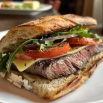 ['A close-up side view of a juicy ribeye steak sandwich topped with caramelized onions and arugula.', 'A succulent ribeye steak sandwich featuring melted Brie cheese and a drizzle of honey balsamic glaze.', 'A detailed view of a ribeye steak sandwich with sliced tomatoes and creamy herb mayonnaise.', 'A gourmet ribeye steak sandwich with golden caramelized onions on a ciabatta roll.']