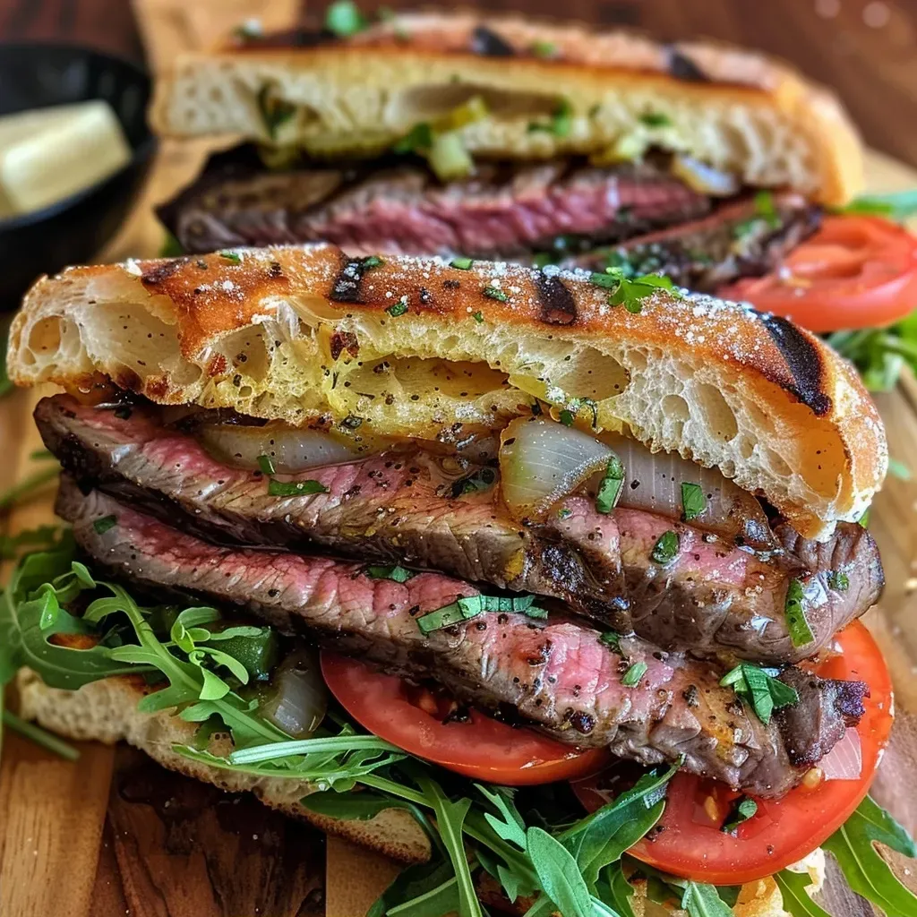 ['A close-up side view of a juicy ribeye steak sandwich topped with caramelized onions and arugula.', 'A succulent ribeye steak sandwich featuring melted Brie cheese and a drizzle of honey balsamic glaze.', 'A detailed view of a ribeye steak sandwich with sliced tomatoes and creamy herb mayonnaise.', 'A gourmet ribeye steak sandwich with golden caramelized onions on a ciabatta roll.']