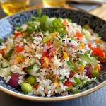 ['Close-up of a colorful rice salad featuring diced cucumbers, grated carrots, and cherry tomatoes.', 'Side view of a vibrant rice salad with brown rice, purple cabbage, and green onions garnished on top.', 'Detailed shot of a fresh rice salad showcasing layers of vegetables including bell peppers and arugula.', 'Zoomed-in view of a juicy rice salad mixed with olives and vegan sour cream, colorful and appetizing.']