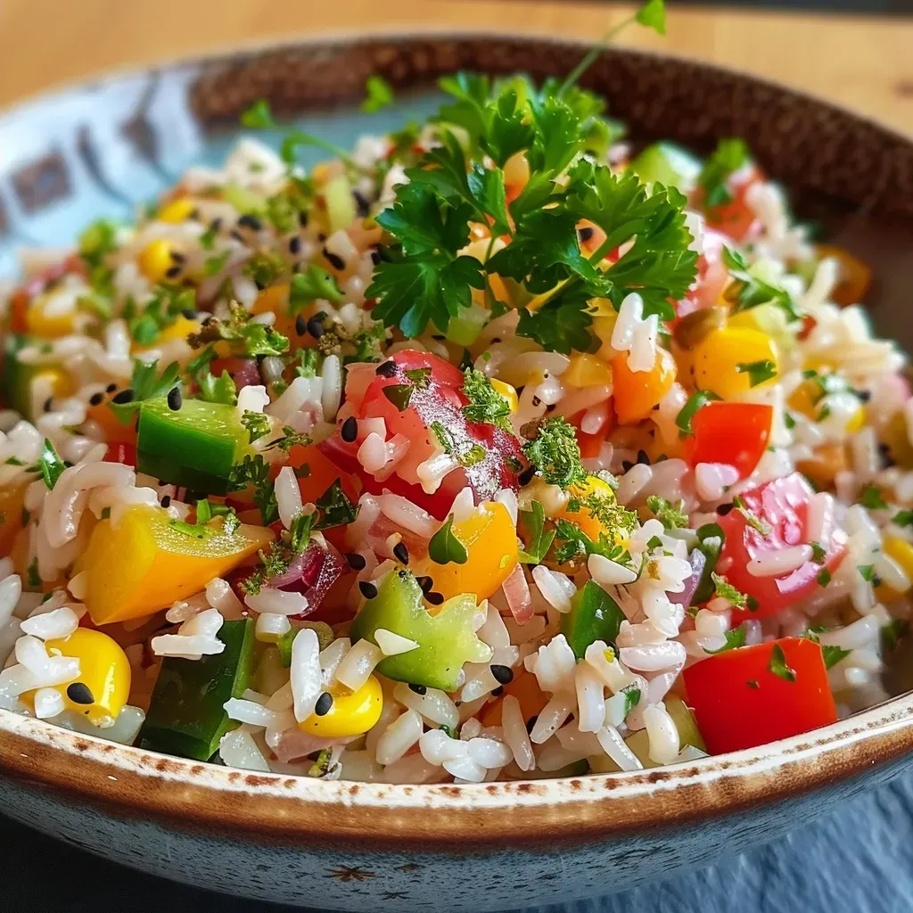 ['Close-up of a colorful rice salad featuring diced cucumbers, grated carrots, and cherry tomatoes.', 'Side view of a vibrant rice salad with brown rice, purple cabbage, and green onions garnished on top.', 'Detailed shot of a fresh rice salad showcasing layers of vegetables including bell peppers and arugula.', 'Zoomed-in view of a juicy rice salad mixed with olives and vegan sour cream, colorful and appetizing.']