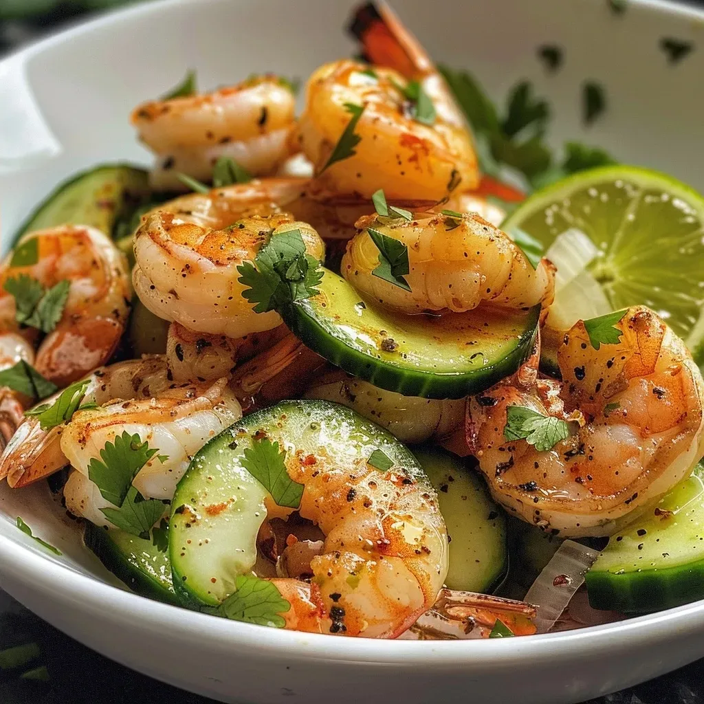 ['A close-up side view of a vibrant roasted shrimp salad featuring juicy shrimp, chopped cucumbers, and avocado.', 'An iPhone 15 Pro photo showing a colorful roasted shrimp salad garnished with fresh herbs and lime.', 'Detailed image of roasted shrimp mixed with chopped vegetables and herbs in a bowl.', 'Side view of a delicious roasted shrimp salad highlighting the textures of shrimp, avocado, and cucumbers.']