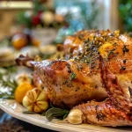 ['Juicy roasted turkey breast with golden-brown skin, garnished with herbs.', 'Close-up view of turkey breast, showcasing tender meat and herb butter.', 'Slice of roasted turkey breast glistening with garlic herb butter.', 'Side view of succulent turkey breast, highlighted by fresh herbs and spices.']