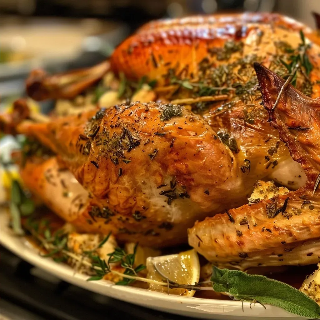 ['Juicy roasted turkey breast with golden-brown skin, garnished with herbs.', 'Close-up view of turkey breast, showcasing tender meat and herb butter.', 'Slice of roasted turkey breast glistening with garlic herb butter.', 'Side view of succulent turkey breast, highlighted by fresh herbs and spices.']
