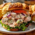 ['Close-up view of a Salmon Salad Sandwich with fresh dill and vegetables on toasted bread.', 'A delicious Salmon Salad Sandwich showcasing layers of salmon salad, lettuce, and cucumbers.', 'Side view of a juicy Salmon Salad Sandwich filled with creamy salmon dressing and fresh ingredients.', 'Detailed image of a Salmon Salad Sandwich featuring a colorful filling of salmon, dill, and vegetables.']