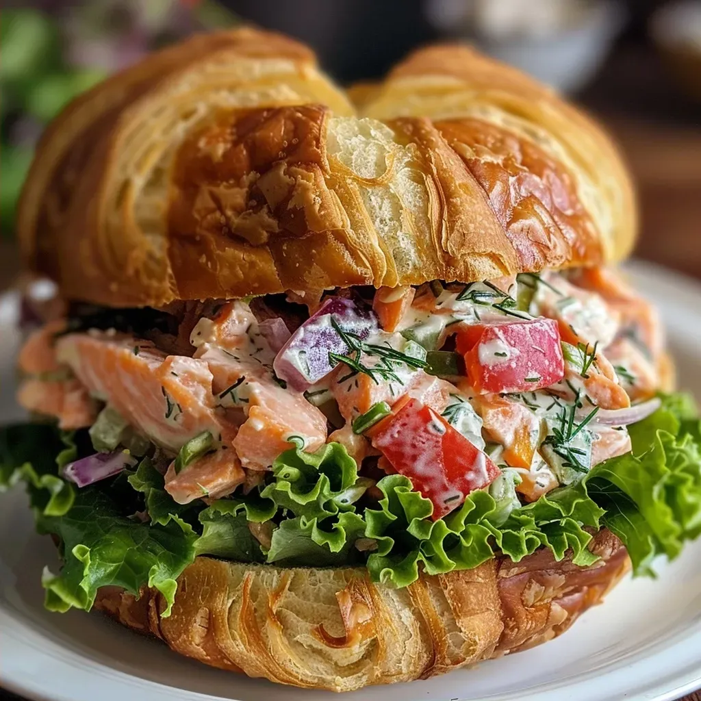 ['Close-up view of a Salmon Salad Sandwich with fresh dill and vegetables on toasted bread.', 'A delicious Salmon Salad Sandwich showcasing layers of salmon salad, lettuce, and cucumbers.', 'Side view of a juicy Salmon Salad Sandwich filled with creamy salmon dressing and fresh ingredients.', 'Detailed image of a Salmon Salad Sandwich featuring a colorful filling of salmon, dill, and vegetables.']