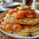 ['Close-up view of pancakes topped with honey smoked salmon.', 'Side view of fluffy pancakes garnished with juicy salmon.', 'Delicious pancakes highlighted by a layer of salmon on top.', 'Mouthwatering salmon topped pancakes served on a plate.']