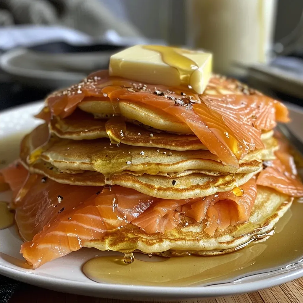 ['Close-up view of pancakes topped with honey smoked salmon.', 'Side view of fluffy pancakes garnished with juicy salmon.', 'Delicious pancakes highlighted by a layer of salmon on top.', 'Mouthwatering salmon topped pancakes served on a plate.']