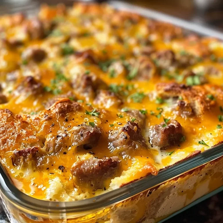 ['A close-up side view of a baked sausage and egg breakfast casserole with melted cheddar cheese on top.', 'A savory breakfast casserole featuring ground sausage, egg, and bread cubes, topped with cheddar cheese.', 'An appetizing slice of sausage and egg casserole, showcasing layers of ingredients including sausage and cheese.', 'A detailed side view of a golden-brown breakfast casserole, highlighting its cheesy and meaty texture.']
