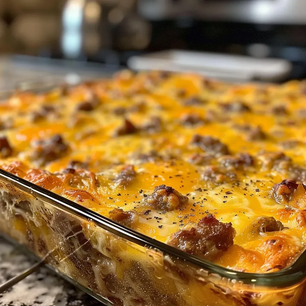 ['A close-up side view of a baked sausage and egg breakfast casserole with melted cheddar cheese on top.', 'A savory breakfast casserole featuring ground sausage, egg, and bread cubes, topped with cheddar cheese.', 'An appetizing slice of sausage and egg casserole, showcasing layers of ingredients including sausage and cheese.', 'A detailed side view of a golden-brown breakfast casserole, highlighting its cheesy and meaty texture.']