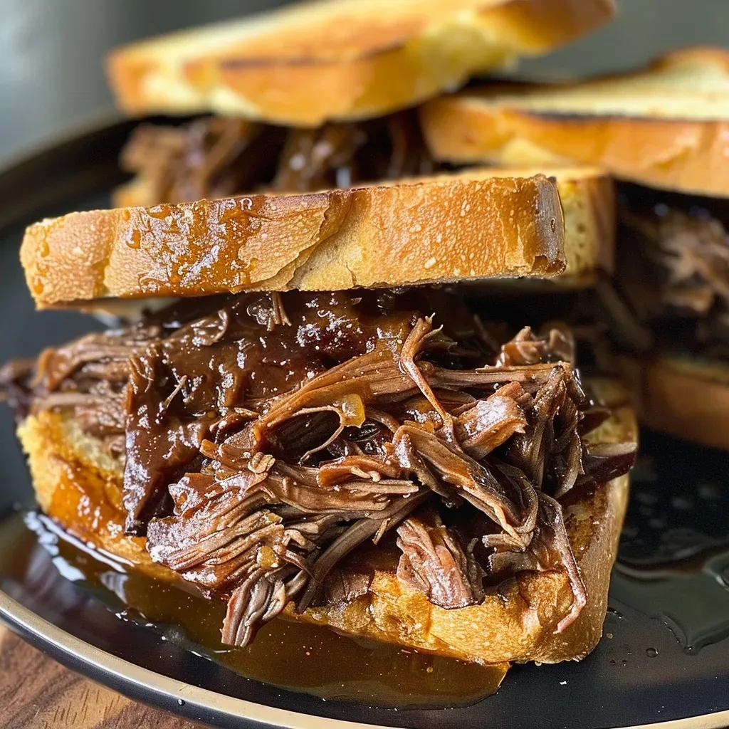['Juicy pulled beef sandwiches dripping with sauce on a wooden board.', 'Close-up view of honey bourbon pulled beef sandwiches ready to be served.', 'Savory pulled beef piled high on toasted buns, garnished with fresh herbs.', 'Succulent crockpot honey bourbon pulled beef sandwiches with melted cheese.']