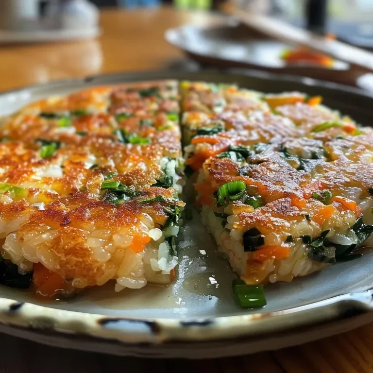 ['Close-up shot of savory rice pancakes stacked on a plate, garnished with vegetables.', 'Delicious savory rice pancakes with a golden crust and colorful vegetable filling, side view.', 'Juicy savory rice pancakes served on a rustic plate, highlighting their texture and ingredients.', 'Freshly made savory rice pancakes with chopped vegetables, captured in vibrant detail.']