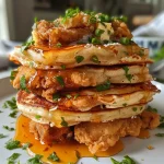 ['Close-up view of savory pancakes topped with honey butter chicken and garnished with chopped cilantro.', 'Side view of fluffy pancakes layered with crispy honey butter chicken, served on a plate.', 'Juicy honey butter chicken resting on a stack of savory pancakes, highlighted by spring onions.', 'Delicious savory pancakes drizzled with honey and topped with breaded chicken, showcasing a rich, golden color.']