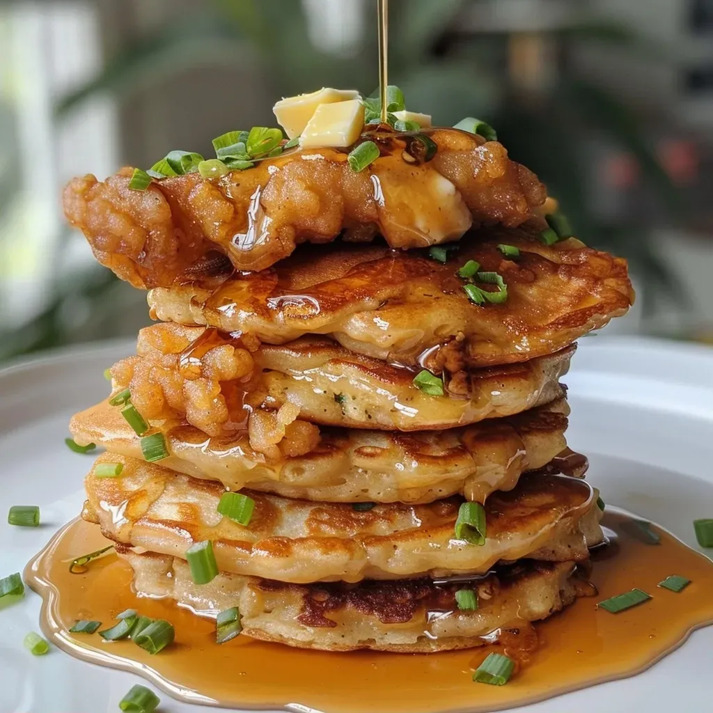 ['Close-up view of savory pancakes topped with honey butter chicken and garnished with chopped cilantro.', 'Side view of fluffy pancakes layered with crispy honey butter chicken, served on a plate.', 'Juicy honey butter chicken resting on a stack of savory pancakes, highlighted by spring onions.', 'Delicious savory pancakes drizzled with honey and topped with breaded chicken, showcasing a rich, golden color.']