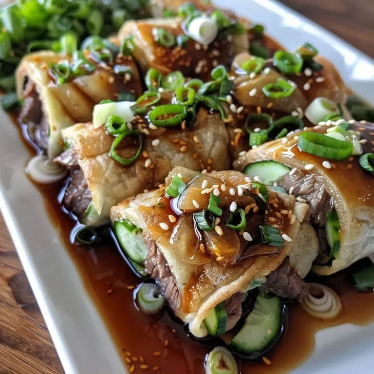 ['Close-up side view of juicy scallion pancake teriyaki beef rolls on a plate.', 'Side view of teriyaki beef rolls wrapped in scallion pancakes, showing fillings.', 'Juicy scallion pancake rolls with sliced beef and vegetables, captured in detail.', 'Delicious teriyaki beef rolls made with scallion pancakes, highlighted in close-up.']