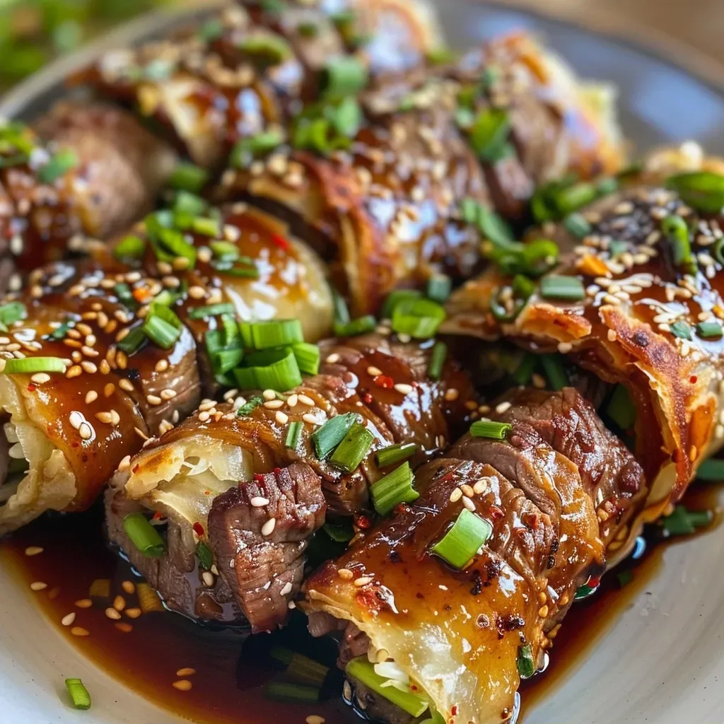 ['Close-up side view of juicy scallion pancake teriyaki beef rolls on a plate.', 'Side view of teriyaki beef rolls wrapped in scallion pancakes, showing fillings.', 'Juicy scallion pancake rolls with sliced beef and vegetables, captured in detail.', 'Delicious teriyaki beef rolls made with scallion pancakes, highlighted in close-up.']