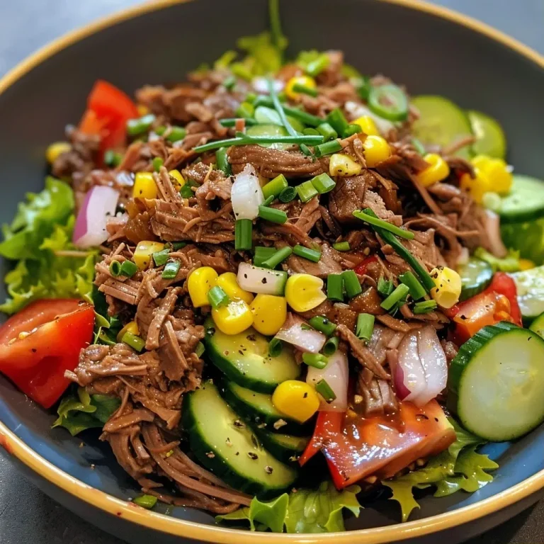['A vibrant shredded beef salad featuring lettuce, tomato, cucumber, and sweet corn.', 'Close-up of a delicious shredded beef salad with colorful vegetables and chives on top.', 'Juicy shredded beef salad arranged beautifully with fresh ingredients in a bowl.', 'A side view of a fresh shredded beef salad showcasing its vibrant colors and textures.']