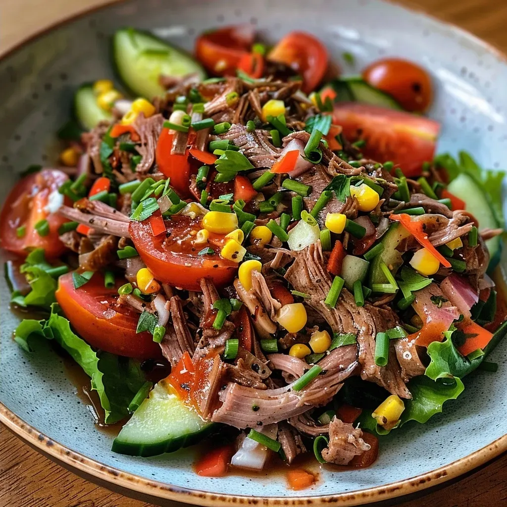 ['A vibrant shredded beef salad featuring lettuce, tomato, cucumber, and sweet corn.', 'Close-up of a delicious shredded beef salad with colorful vegetables and chives on top.', 'Juicy shredded beef salad arranged beautifully with fresh ingredients in a bowl.', 'A side view of a fresh shredded beef salad showcasing its vibrant colors and textures.']