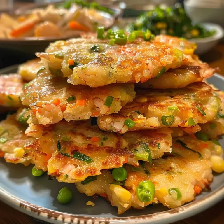 ['Close-up of golden-brown shrimp pancakes garnished with green peas and carrots.', 'Side view of crispy shrimp pancakes showcasing juicy shrimp filling and vibrant vegetables.', 'Delicious shrimp pancakes on a plate, highlighting their crispy texture and colorful ingredients.', 'Appetizing shrimp pancakes served with a crunchy exterior and visible shrimp and veggies.']