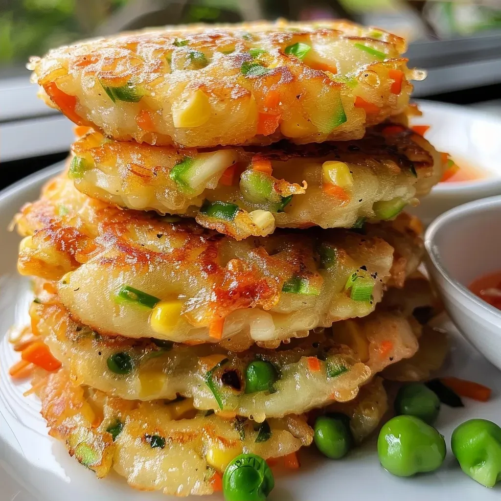 ['Close-up of golden-brown shrimp pancakes garnished with green peas and carrots.', 'Side view of crispy shrimp pancakes showcasing juicy shrimp filling and vibrant vegetables.', 'Delicious shrimp pancakes on a plate, highlighting their crispy texture and colorful ingredients.', 'Appetizing shrimp pancakes served with a crunchy exterior and visible shrimp and veggies.']
