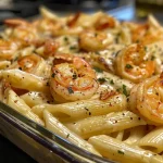 ['Close-up view of a creamy shrimp pasta casserole with a golden crust.', 'Delicious shrimp pasta casserole showcasing juicy shrimp and melted cheese on top.', 'Side view of shrimp pasta casserole with a rich garlic cream sauce and herbs.', 'Tantalizing shrimp pasta casserole filled with penne, shrimp, and a creamy sauce.']