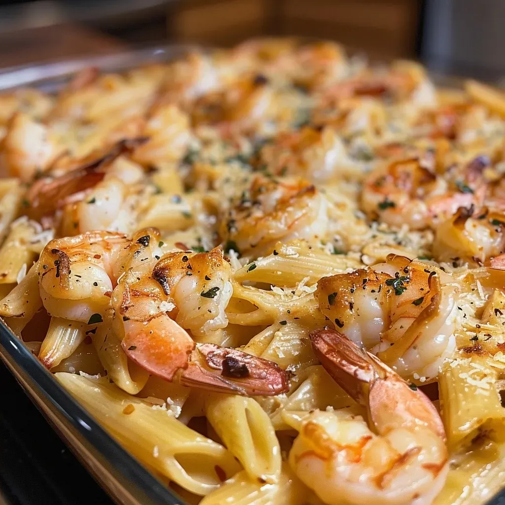 ['Close-up view of a creamy shrimp pasta casserole with a golden crust.', 'Delicious shrimp pasta casserole showcasing juicy shrimp and melted cheese on top.', 'Side view of shrimp pasta casserole with a rich garlic cream sauce and herbs.', 'Tantalizing shrimp pasta casserole filled with penne, shrimp, and a creamy sauce.']