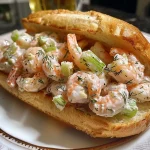 ['Close-up of a shrimp salad sandwich on a hot dog bun, showcasing fresh shrimp and vegetables.', 'Side view of a juicy shrimp salad sandwich filled with creamy dressing and greens.', 'Detailed view of a shrimp salad sandwich, garnished with dill and green onions, on a wooden table.', 'Appetizing shrimp salad sandwich with a vibrant mix of ingredients, displayed against a soft background.']
