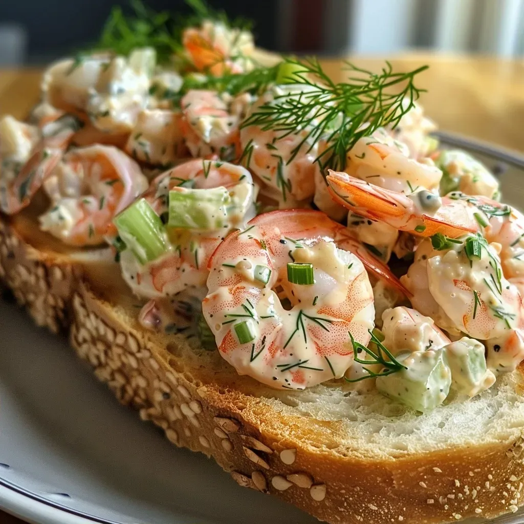 ['Close-up of a shrimp salad sandwich on a hot dog bun, showcasing fresh shrimp and vegetables.', 'Side view of a juicy shrimp salad sandwich filled with creamy dressing and greens.', 'Detailed view of a shrimp salad sandwich, garnished with dill and green onions, on a wooden table.', 'Appetizing shrimp salad sandwich with a vibrant mix of ingredients, displayed against a soft background.']