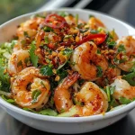 ['Close-up side view of a vibrant shrimp salad with fresh ingredients.', 'Juicy shrimp salad displayed on a plate, showcasing various ingredients.', 'Detailed view of a delicious shrimp salad featuring shrimp and greens.', 'Colorful shrimp salad with herbs and vegetables, taken with an iPhone.']