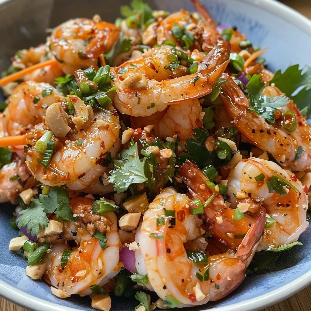 ['Close-up side view of a vibrant shrimp salad with fresh ingredients.', 'Juicy shrimp salad displayed on a plate, showcasing various ingredients.', 'Detailed view of a delicious shrimp salad featuring shrimp and greens.', 'Colorful shrimp salad with herbs and vegetables, taken with an iPhone.']