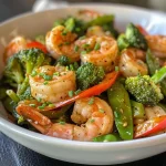 ['Close-up view of a colorful shrimp stir fry with vegetables.', 'Juicy shrimp stir fry featuring a variety of fresh vegetables in a pan.', 'Side view of a vibrant shrimp stir fry, showcasing shrimp and colorful veggies.', 'Detailed image of a shrimp stir fry prepared with colorful ingredients.']