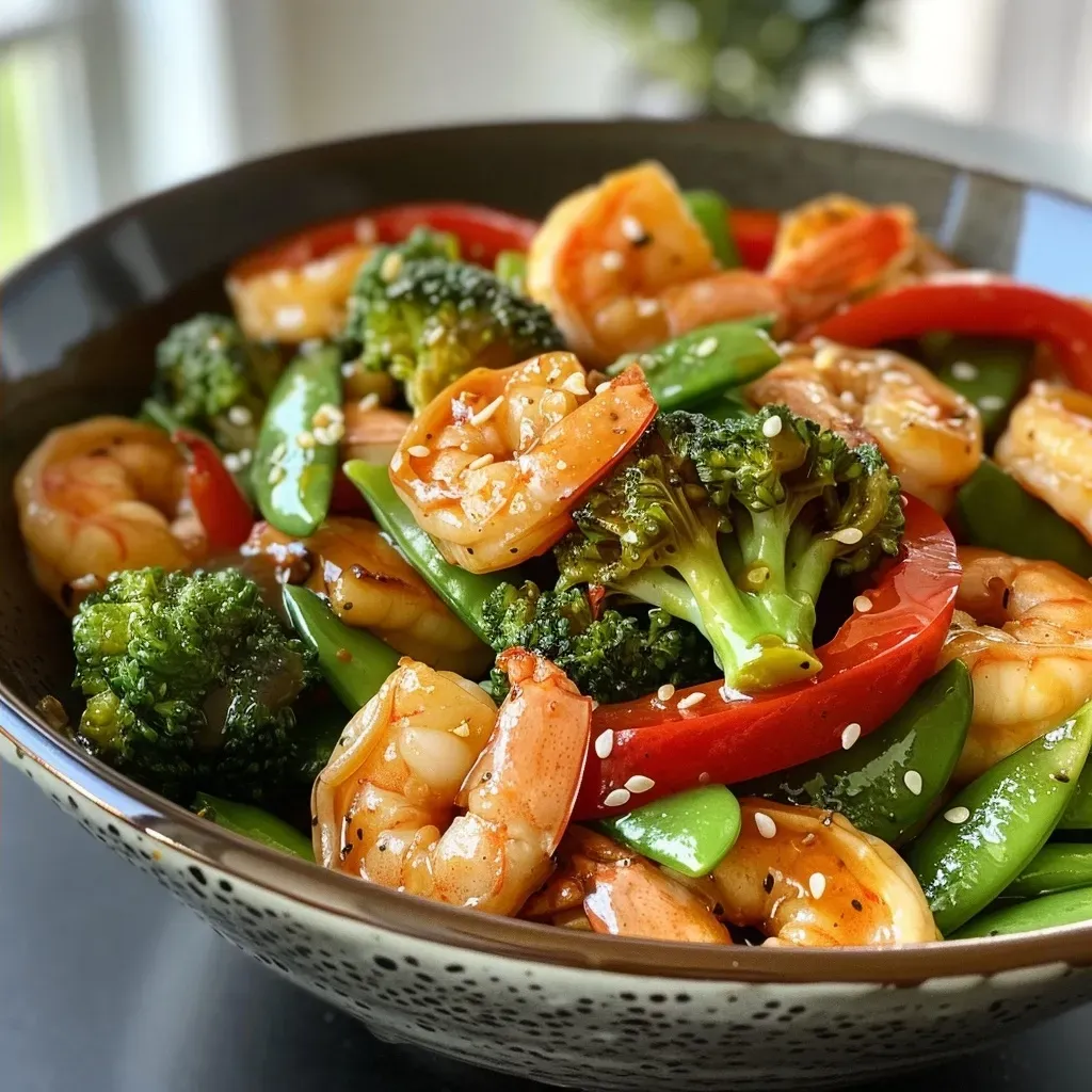 ['Close-up view of a colorful shrimp stir fry with vegetables.', 'Juicy shrimp stir fry featuring a variety of fresh vegetables in a pan.', 'Side view of a vibrant shrimp stir fry, showcasing shrimp and colorful veggies.', 'Detailed image of a shrimp stir fry prepared with colorful ingredients.']