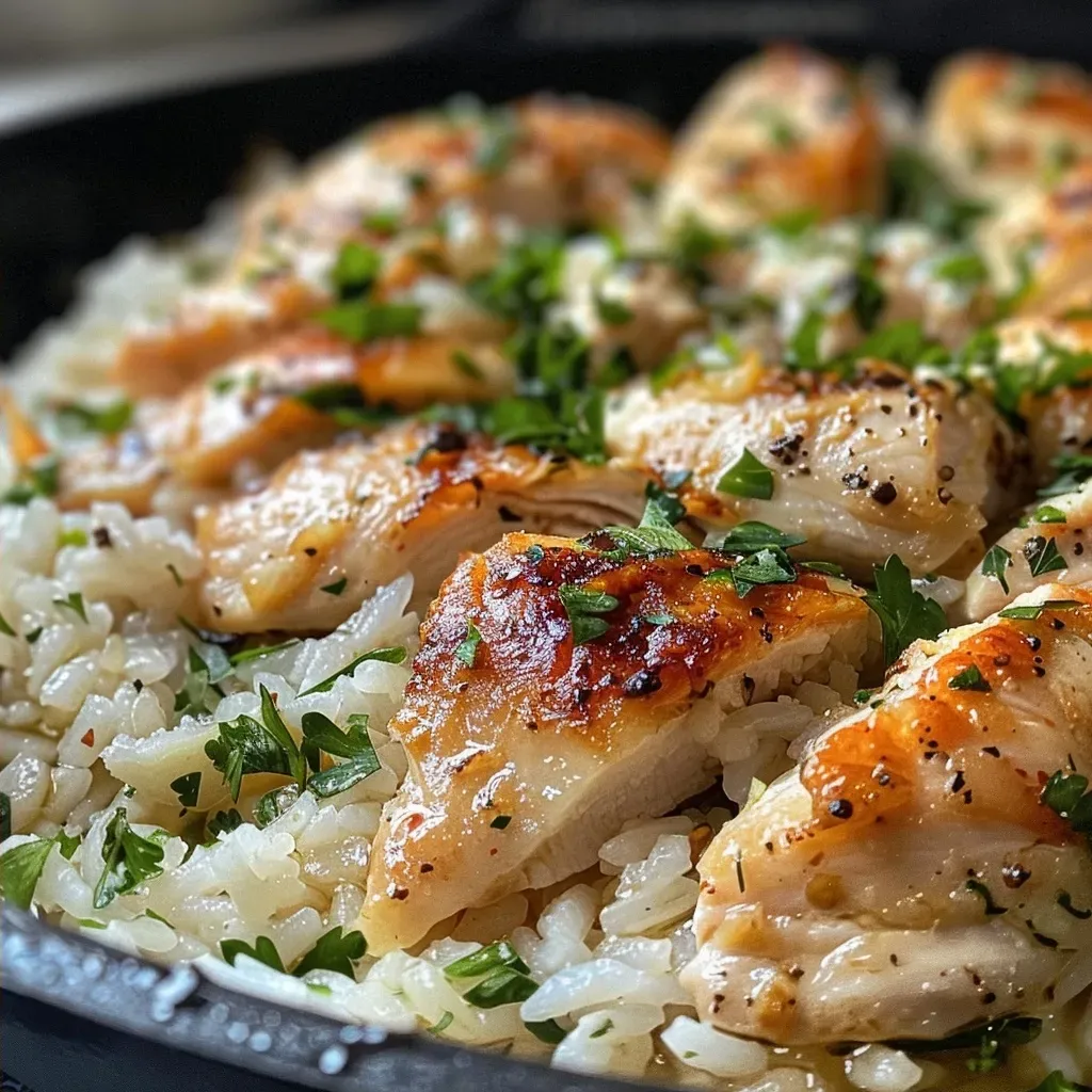 ['Close-up of a skillet filled with creamy garlic chicken and rice casserole, showcasing tender chicken pieces and cooked rice.', 'Side view of a delicious garlic chicken and rice casserole in a skillet, highlighting its juicy texture and golden color.', 'A detailed image of a chicken and rice casserole, featuring pieces of chicken in a creamy garlic sauce and herbs.', 'Close-up of a hearty garlic chicken casserole in a skillet, with visible grains of rice and hints of garlic and spices.']