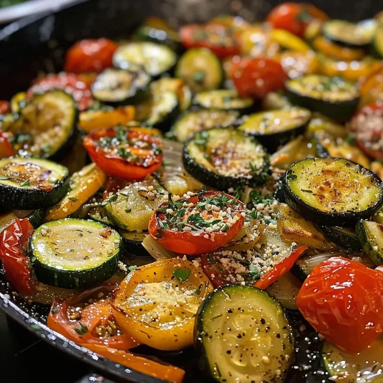 ['A close-up view of skillet garlic-parmesan zucchini, yellow squash, and grape tomatoes.', 'Juicy sautéed zucchini and yellow squash with grape tomatoes in a skillet, showcasing a garlic-parmesan topping.', 'Side view of colorful zucchini, yellow squash, and tomatoes cooked in garlic and parmesan, captured in a skillet.', 'Close-up of vibrant garlic-parmesan zucchini and squash with tomatoes, highlighting their fresh texture.']