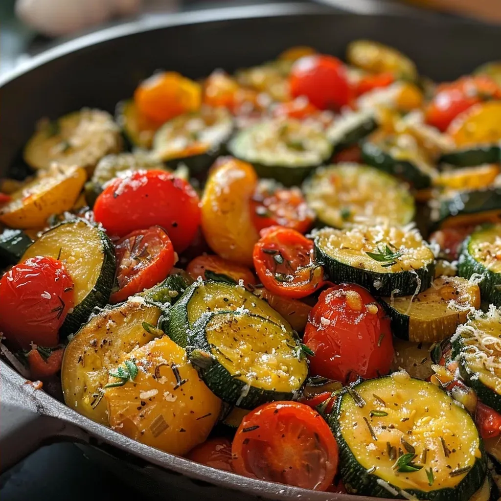 ['A close-up view of skillet garlic-parmesan zucchini, yellow squash, and grape tomatoes.', 'Juicy sautéed zucchini and yellow squash with grape tomatoes in a skillet, showcasing a garlic-parmesan topping.', 'Side view of colorful zucchini, yellow squash, and tomatoes cooked in garlic and parmesan, captured in a skillet.', 'Close-up of vibrant garlic-parmesan zucchini and squash with tomatoes, highlighting their fresh texture.']