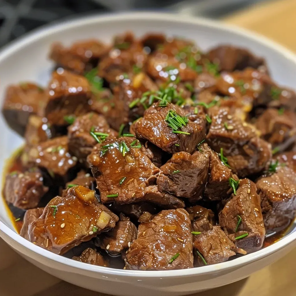 ['Close-up view of juicy Slow Cooker Honey Garlic Beef in a bowl.', 'Side angle photo of tender beef chunks glazed with honey garlic sauce.', 'Succulent pieces of beef surrounded by a savory honey garlic sauce.', 'Appetizing close-up of beef stew with a shiny caramelized glaze.']