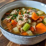['Close-up view of a bowl of Slow Cooker Turkey Soup with colorful vegetables.', 'Side view of a hearty bowl of turkey soup, showcasing diced carrots, celery, and onions.', 'Juicy Slow Cooker Turkey Soup in a bowl filled with vegetables and broth.', 'A vibrant bowl of turkey soup featuring cooked turkey and fresh vegetables, captured in detail.']