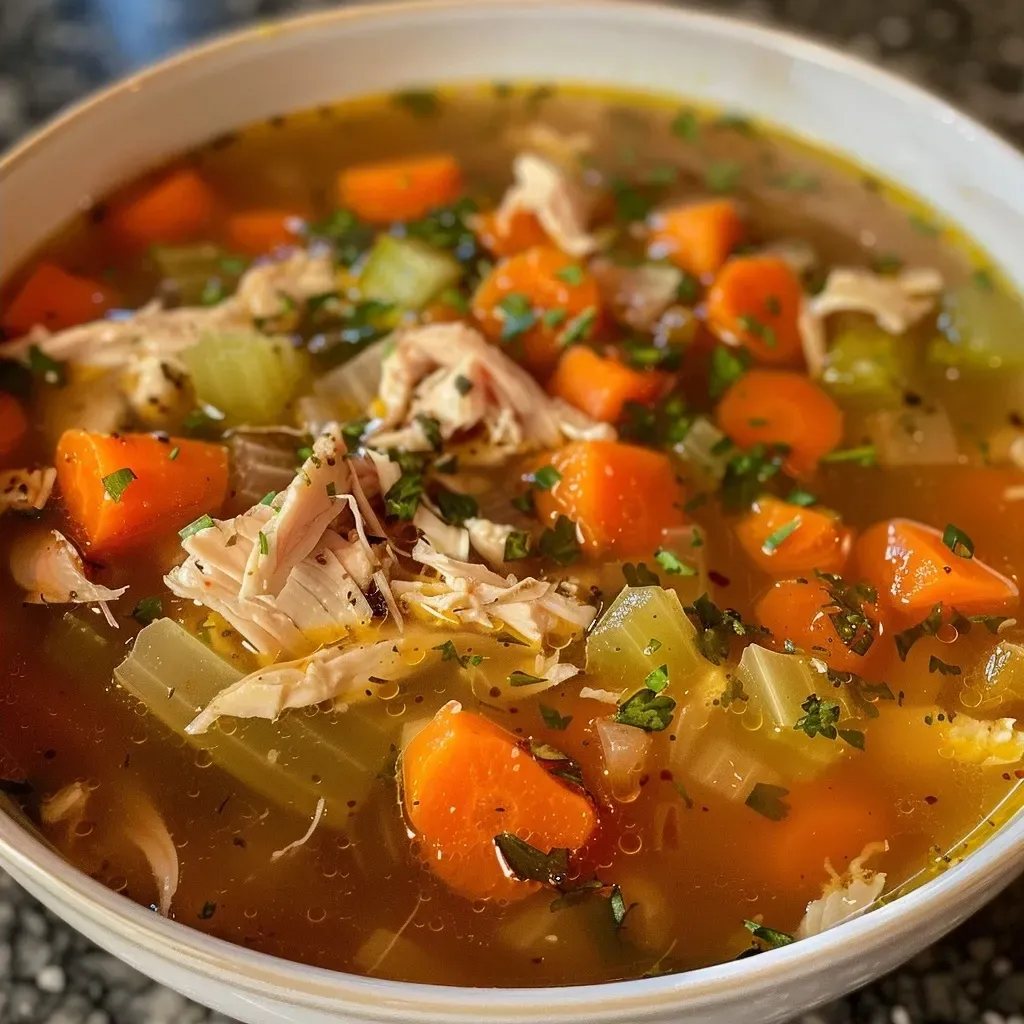 ['Close-up view of a bowl of Slow Cooker Turkey Soup with colorful vegetables.', 'Side view of a hearty bowl of turkey soup, showcasing diced carrots, celery, and onions.', 'Juicy Slow Cooker Turkey Soup in a bowl filled with vegetables and broth.', 'A vibrant bowl of turkey soup featuring cooked turkey and fresh vegetables, captured in detail.']