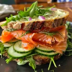 ['A close-up view of a smoked salmon sandwich, featuring layers of vegetables and cream cheese on toasted baguette.', 'A side profile of a delicious smoked salmon sandwich, showcasing fresh ingredients and creamy toppings.', 'A detailed image of a smoked salmon sandwich with cucumbers, arugula, and red onion peeking from a sliced baguette.', 'A vibrant smoked salmon sandwich displaying creamy textures and fresh herbs, stacked high on toasted bread.']