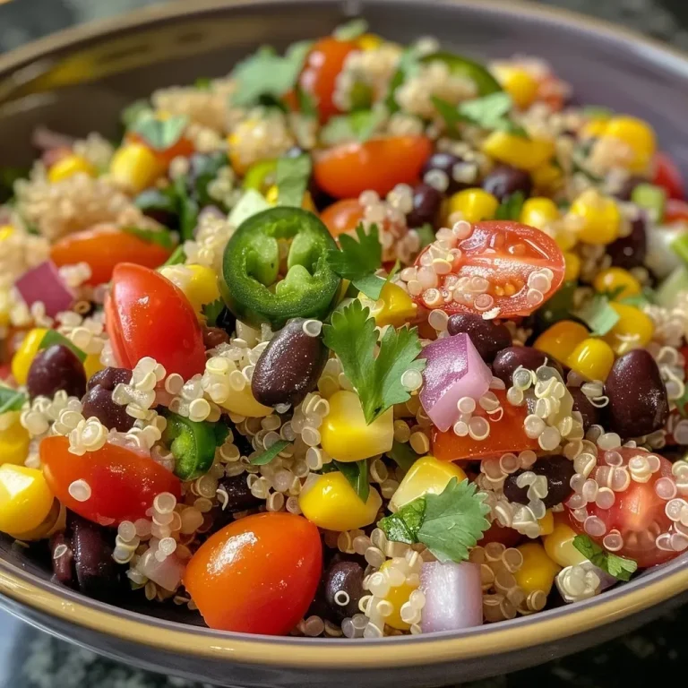 ['Close-up of a colorful Southwest Quinoa Salad featuring beans, corn, and diced vegetables.', 'Vibrant Southwest Quinoa Salad with cherry tomatoes, bell pepper, and cilantro.', 'Detailed view of a Southwest Quinoa Salad highlighting fresh ingredients and textures.', 'Side view of a hearty Southwest Quinoa Salad loaded with veggies and quinoa.']