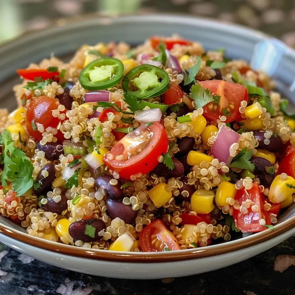 ['Close-up of a colorful Southwest Quinoa Salad featuring beans, corn, and diced vegetables.', 'Vibrant Southwest Quinoa Salad with cherry tomatoes, bell pepper, and cilantro.', 'Detailed view of a Southwest Quinoa Salad highlighting fresh ingredients and textures.', 'Side view of a hearty Southwest Quinoa Salad loaded with veggies and quinoa.']