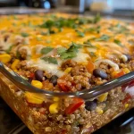 ['A close-up of a hearty Southwestern quinoa casserole with melted cheese on top.', 'Juicy Southwestern quinoa casserole featuring ground beef and colorful vegetables.', 'Side view of a baked Southwestern quinoa casserole, showcasing layers of cheese and ingredients.', 'A vibrant Southwestern quinoa casserole, rich with diced peppers and corn.']