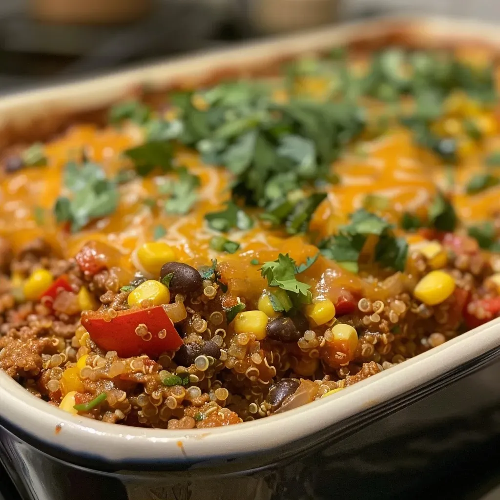 ['A close-up of a hearty Southwestern quinoa casserole with melted cheese on top.', 'Juicy Southwestern quinoa casserole featuring ground beef and colorful vegetables.', 'Side view of a baked Southwestern quinoa casserole, showcasing layers of cheese and ingredients.', 'A vibrant Southwestern quinoa casserole, rich with diced peppers and corn.']
