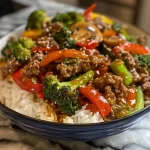 ['A close-up view of a spicy ground beef stir-fry bowl with colorful vegetables.', 'A side angle of a bowl filled with stir-fried ground beef, broccoli, bell pepper, and rice.', 'Juicy stir-fry featuring ground beef and garlic veggies, served over white rice.', 'A vibrant bowl of spicy ground beef stir-fry, garnished with fresh herbs and served with rice.']