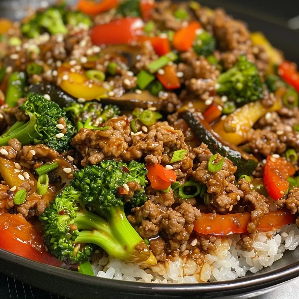 ['A close-up view of a spicy ground beef stir-fry bowl with colorful vegetables.', 'A side angle of a bowl filled with stir-fried ground beef, broccoli, bell pepper, and rice.', 'Juicy stir-fry featuring ground beef and garlic veggies, served over white rice.', 'A vibrant bowl of spicy ground beef stir-fry, garnished with fresh herbs and served with rice.']