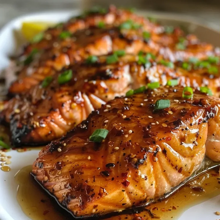 ['Close-up view of Spicy Honey Garlic Salmon garnished with sesame seeds and green onions.', 'Side view of juicy Spicy Honey Garlic Salmon on a plate with lemon wedges.', 'Colorful presentation of honey-glazed salmon drizzled with sauce and topped with herbs.', 'Detailed shot of salmon fillets glistening with spicy honey garlic sauce.']