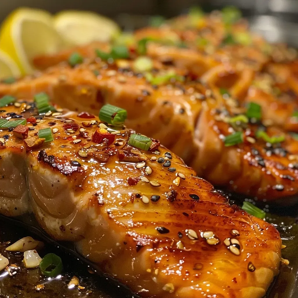 ['Close-up view of Spicy Honey Garlic Salmon garnished with sesame seeds and green onions.', 'Side view of juicy Spicy Honey Garlic Salmon on a plate with lemon wedges.', 'Colorful presentation of honey-glazed salmon drizzled with sauce and topped with herbs.', 'Detailed shot of salmon fillets glistening with spicy honey garlic sauce.']